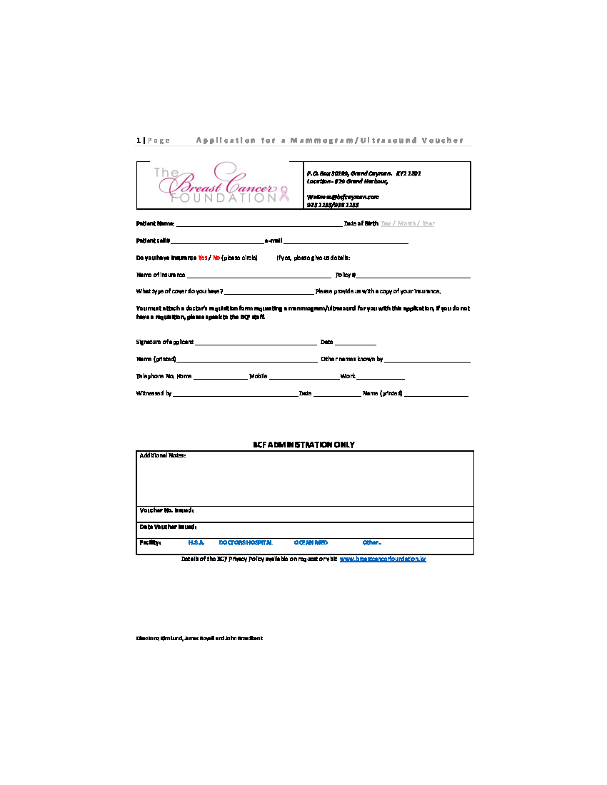 Application for a Mammogram/Ultrasound Voucher